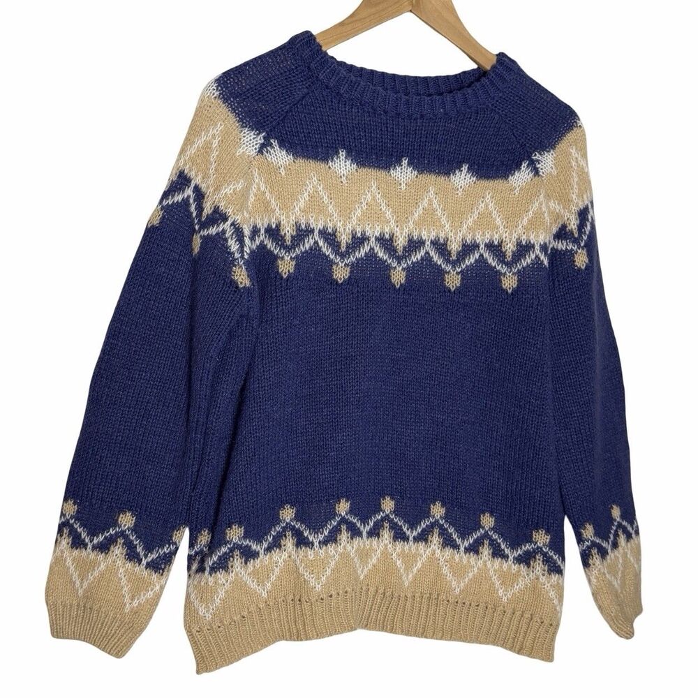100% Mohair Nordic Sweater Women XXL Blue Fair Isle Grandpa Icelandic Knit Cable